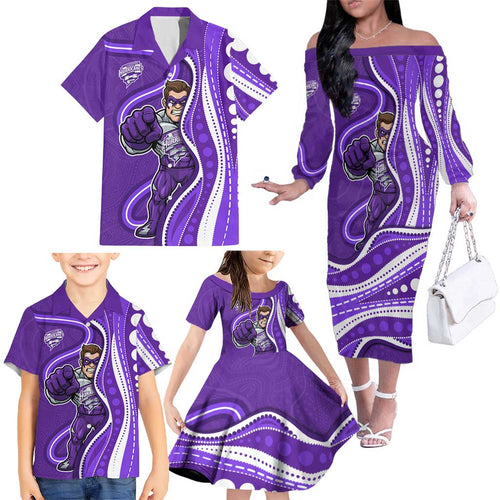 Hobart Hurricanes Family Matching Off The Shoulder Long Sleeve Dress and Hawaiian Shirt Aboriginal Dot Art Purple White - Tribal Wave Pattern