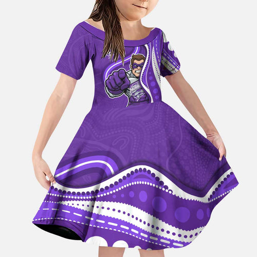 Hobart Hurricanes Family Matching Off The Shoulder Long Sleeve Dress and Hawaiian Shirt Aboriginal Dot Art Purple White - Tribal Wave Pattern