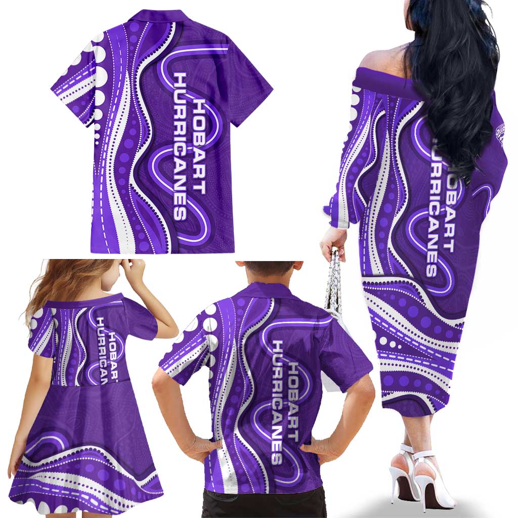 Hobart Hurricanes Family Matching Off The Shoulder Long Sleeve Dress and Hawaiian Shirt Aboriginal Dot Art Purple White - Tribal Wave Pattern