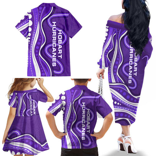 Hobart Hurricanes Family Matching Off The Shoulder Long Sleeve Dress and Hawaiian Shirt Aboriginal Dot Art Purple White - Tribal Wave Pattern