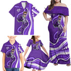 Hobart Hurricanes Family Matching Off Shoulder Maxi Dress and Hawaiian Shirt Aboriginal Dot Art Purple White - Tribal Wave Pattern