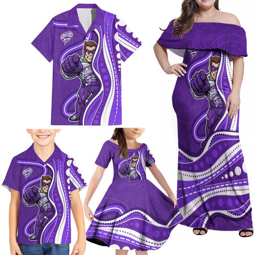 Hobart Hurricanes Family Matching Off Shoulder Maxi Dress and Hawaiian Shirt Aboriginal Dot Art Purple White - Tribal Wave Pattern