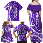 Hobart Hurricanes Family Matching Off Shoulder Maxi Dress and Hawaiian Shirt Aboriginal Dot Art Purple White - Tribal Wave Pattern