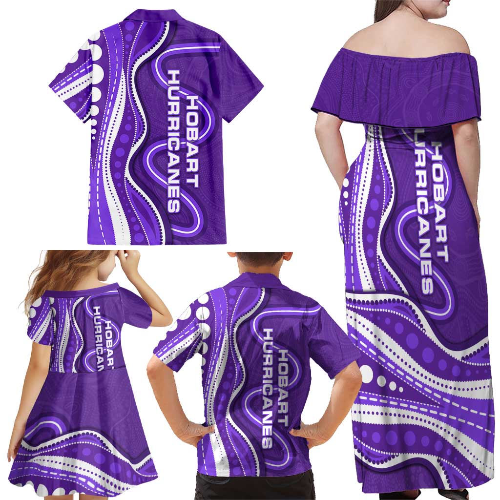 Hobart Hurricanes Family Matching Off Shoulder Maxi Dress and Hawaiian Shirt Aboriginal Dot Art Purple White - Tribal Wave Pattern