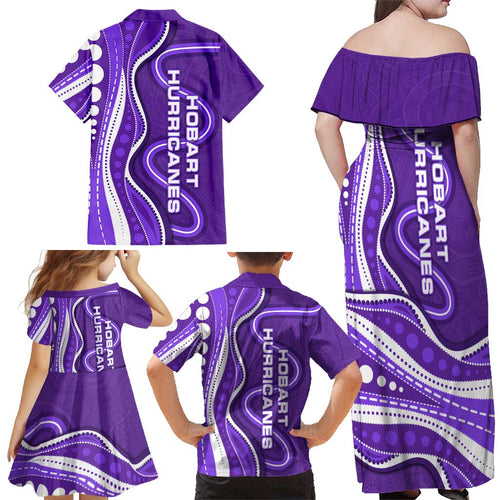 Hobart Hurricanes Family Matching Off Shoulder Maxi Dress and Hawaiian Shirt Aboriginal Dot Art Purple White - Tribal Wave Pattern