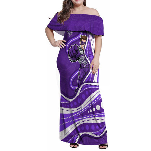 Hobart Hurricanes Family Matching Off Shoulder Maxi Dress and Hawaiian Shirt Aboriginal Dot Art Purple White - Tribal Wave Pattern