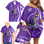 Hobart Hurricanes Family Matching Off Shoulder Short Dress and Hawaiian Shirt Aboriginal Dot Art Purple White - Tribal Wave Pattern