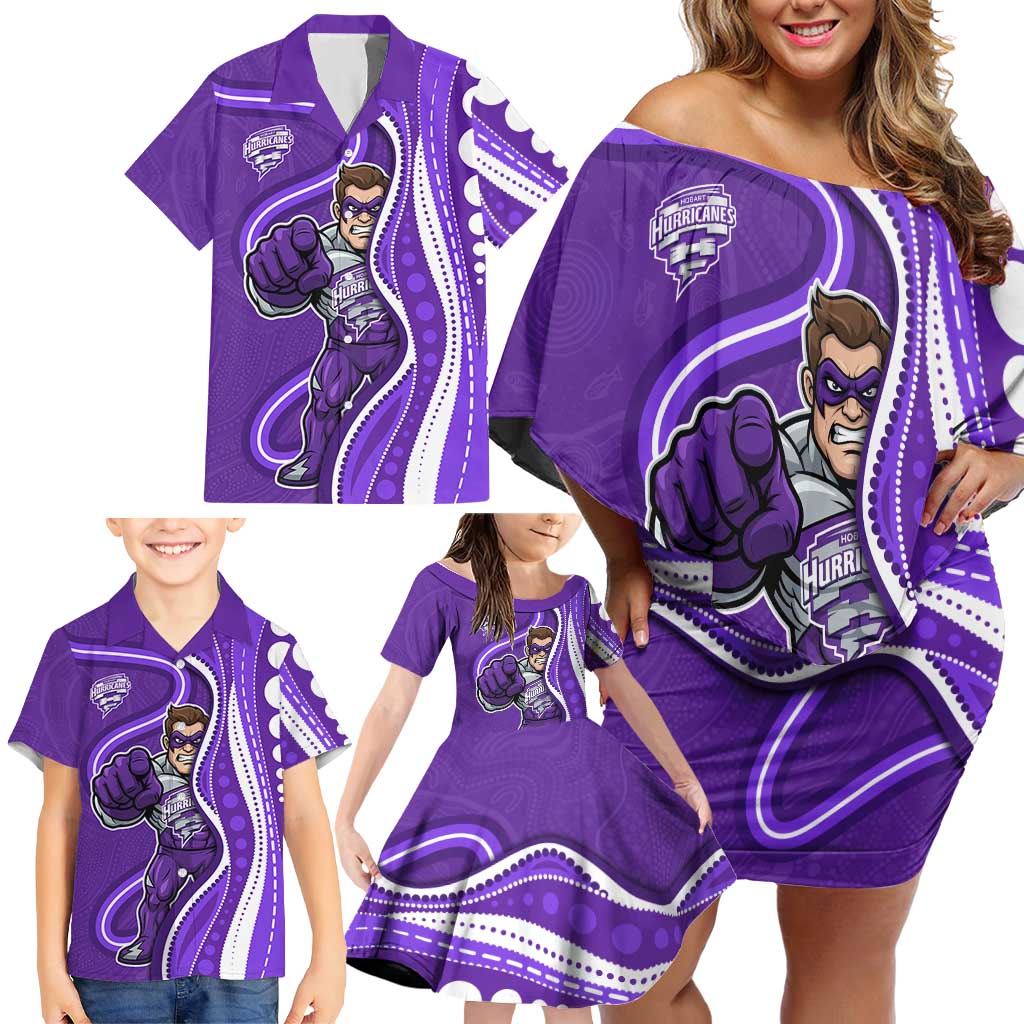 Hobart Hurricanes Family Matching Off Shoulder Short Dress and Hawaiian Shirt Aboriginal Dot Art Purple White - Tribal Wave Pattern