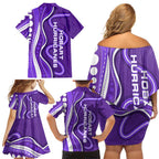 Hobart Hurricanes Family Matching Off Shoulder Short Dress and Hawaiian Shirt Aboriginal Dot Art Purple White - Tribal Wave Pattern