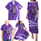 Hobart Hurricanes Family Matching Puletasi and Hawaiian Shirt Aboriginal Dot Art Purple White - Tribal Wave Pattern