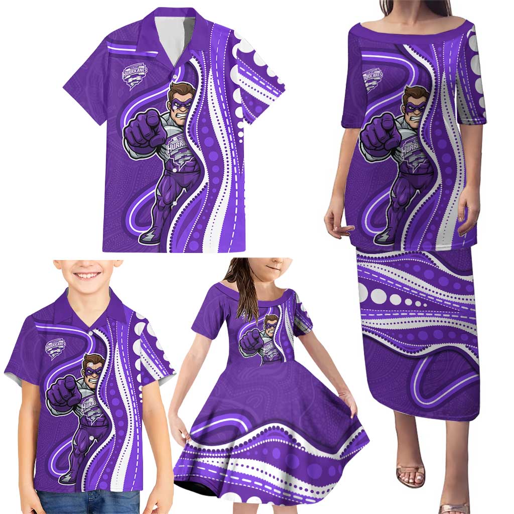 Hobart Hurricanes Family Matching Puletasi and Hawaiian Shirt Aboriginal Dot Art Purple White - Tribal Wave Pattern