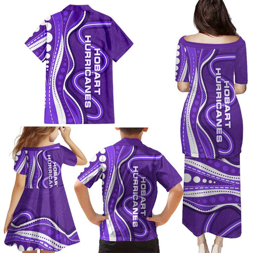 Hobart Hurricanes Family Matching Puletasi and Hawaiian Shirt Aboriginal Dot Art Purple White - Tribal Wave Pattern