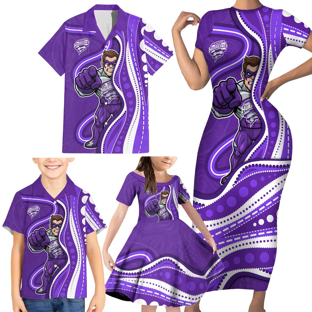 Hobart Hurricanes Family Matching Short Sleeve Bodycon Dress and Hawaiian Shirt Aboriginal Dot Art Purple White - Tribal Wave Pattern