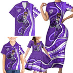 Hobart Hurricanes Family Matching Short Sleeve Bodycon Dress and Hawaiian Shirt Aboriginal Dot Art Purple White - Tribal Wave Pattern