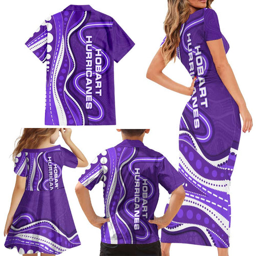 Hobart Hurricanes Family Matching Short Sleeve Bodycon Dress and Hawaiian Shirt Aboriginal Dot Art Purple White - Tribal Wave Pattern