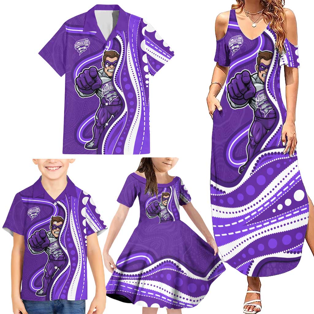 Hobart Hurricanes Family Matching Summer Maxi Dress and Hawaiian Shirt Aboriginal Dot Art Purple White - Tribal Wave Pattern
