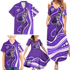 Hobart Hurricanes Family Matching Summer Maxi Dress and Hawaiian Shirt Aboriginal Dot Art Purple White - Tribal Wave Pattern