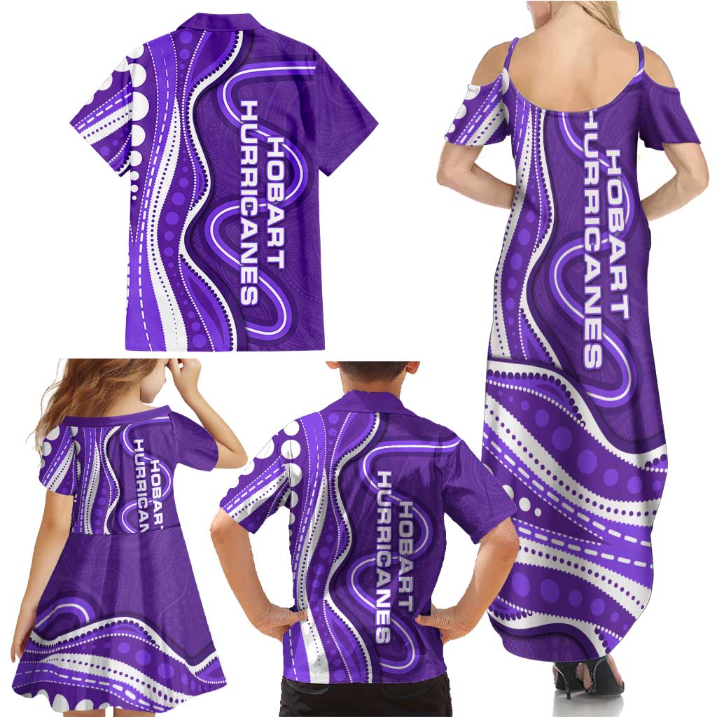 Hobart Hurricanes Family Matching Summer Maxi Dress and Hawaiian Shirt Aboriginal Dot Art Purple White - Tribal Wave Pattern