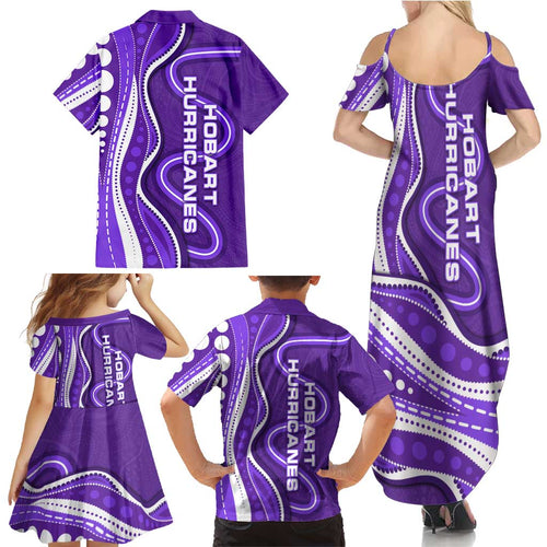 Hobart Hurricanes Family Matching Summer Maxi Dress and Hawaiian Shirt Aboriginal Dot Art Purple White - Tribal Wave Pattern