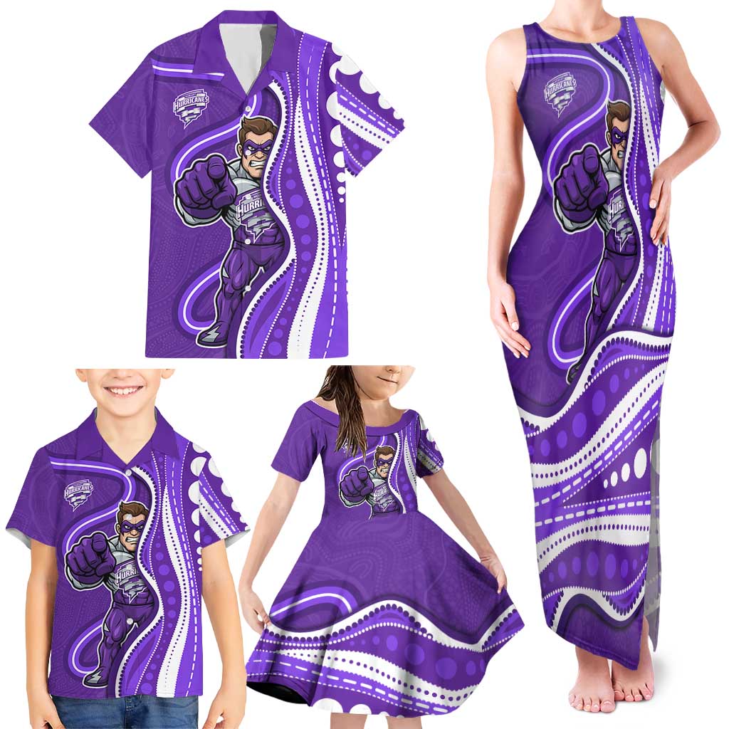 Hobart Hurricanes Family Matching Tank Maxi Dress and Hawaiian Shirt Aboriginal Dot Art Purple White - Tribal Wave Pattern
