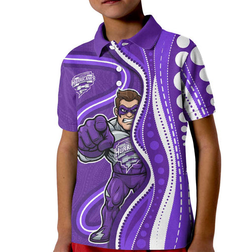 Hobart Hurricanes Kid Polo Shirt Aboriginal Dot Art Purple White - Tribal Wave Pattern