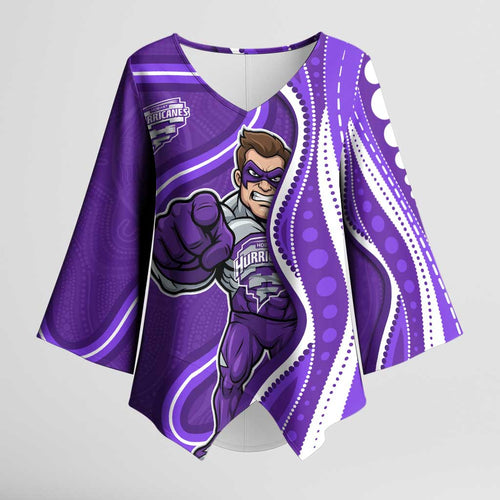 Hobart Hurricanes Kimono Sleeve Blouse Aboriginal Dot Art Purple White - Tribal Wave Pattern