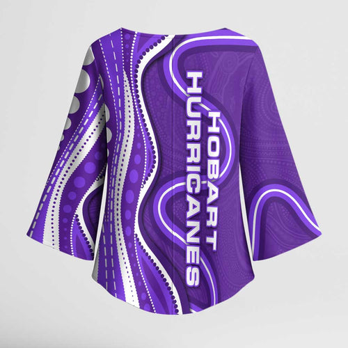 Hobart Hurricanes Kimono Sleeve Blouse Aboriginal Dot Art Purple White - Tribal Wave Pattern
