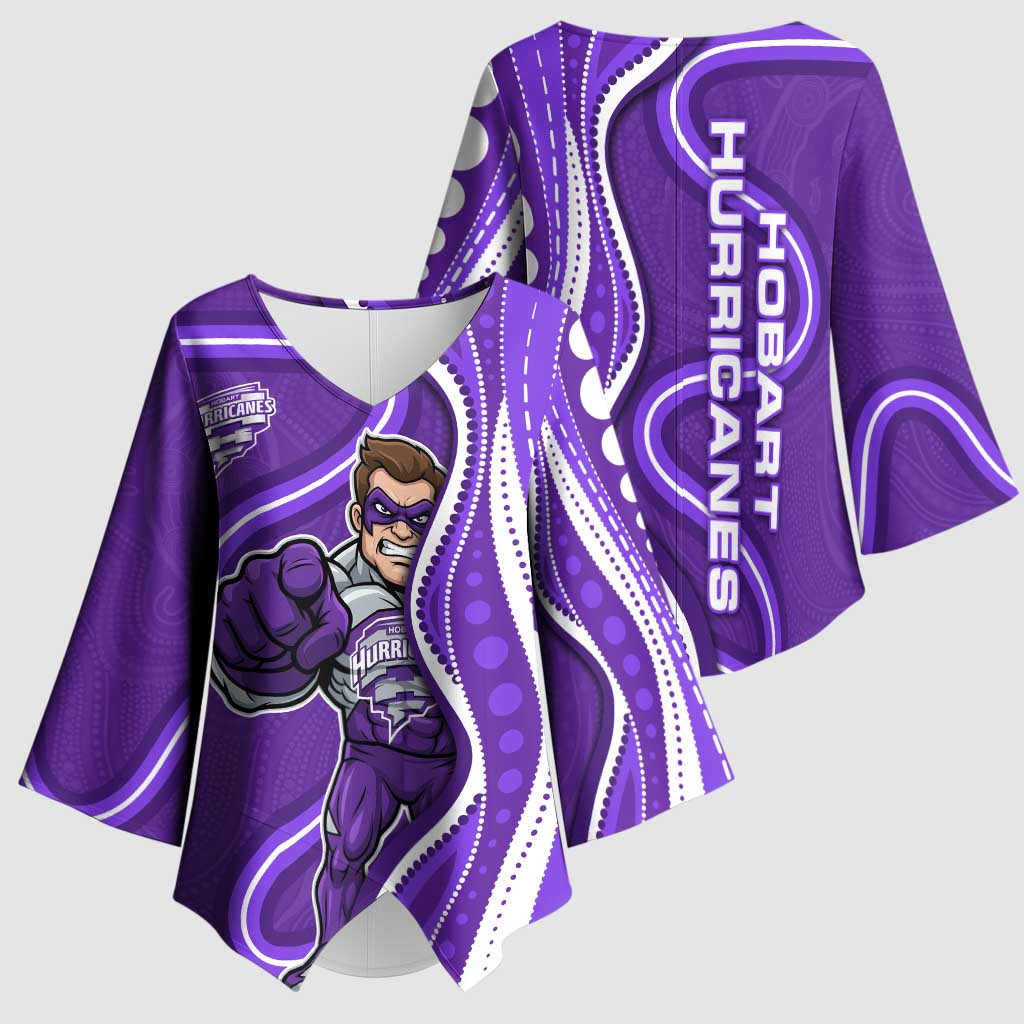 Hobart Hurricanes Kimono Sleeve Blouse Aboriginal Dot Art Purple White - Tribal Wave Pattern