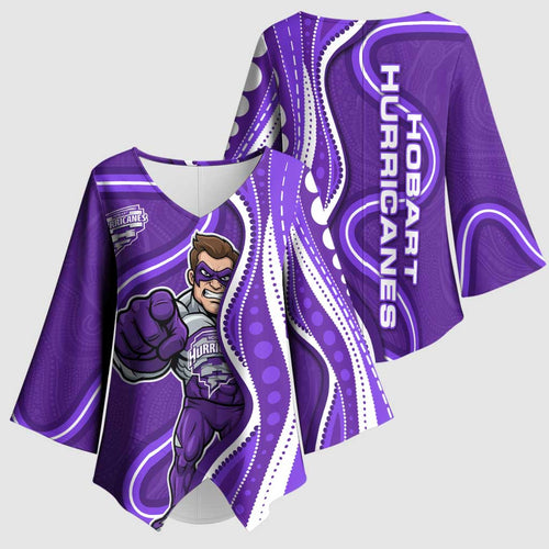 Hobart Hurricanes Kimono Sleeve Blouse Aboriginal Dot Art Purple White - Tribal Wave Pattern