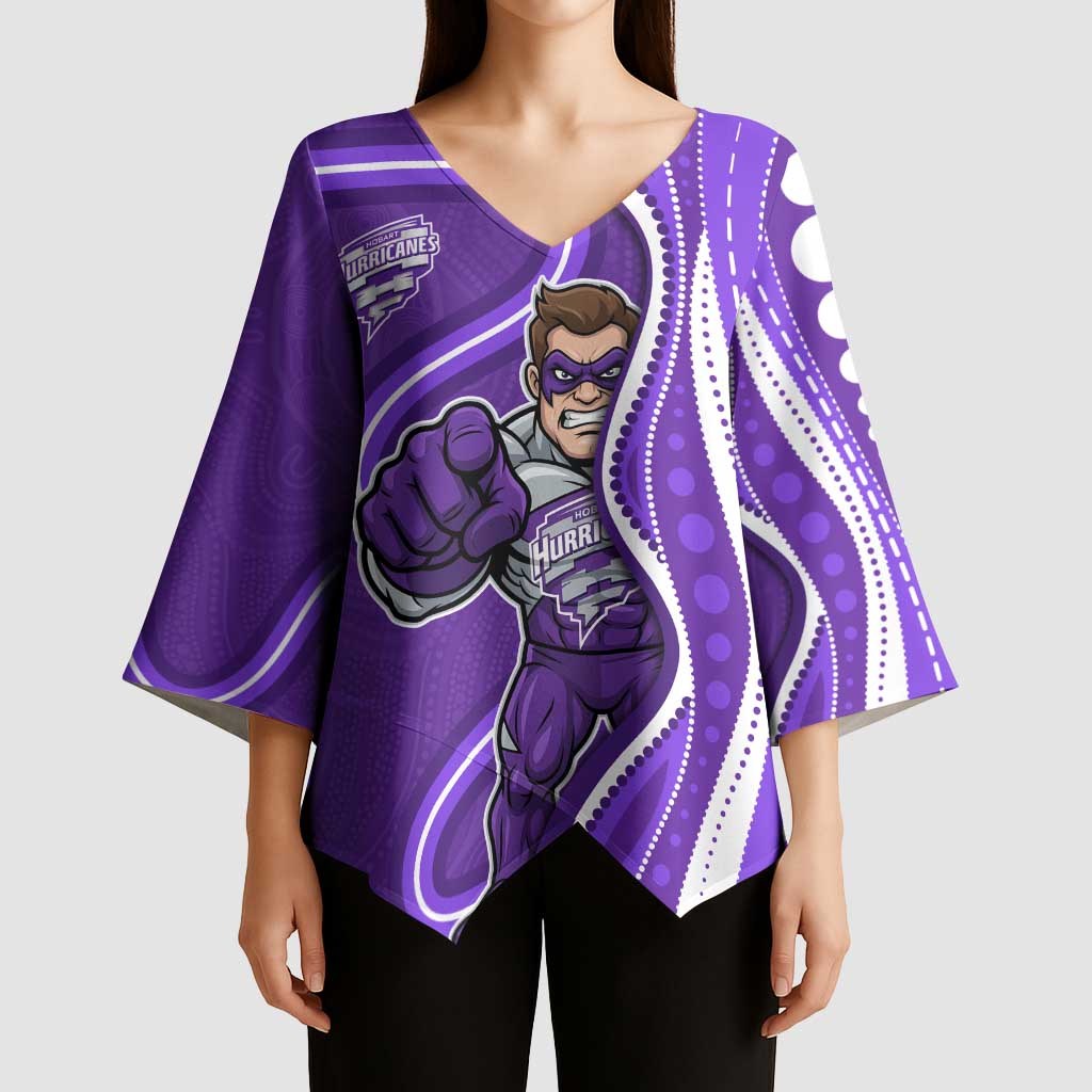 Hobart Hurricanes Kimono Sleeve Blouse Aboriginal Dot Art Purple White - Tribal Wave Pattern