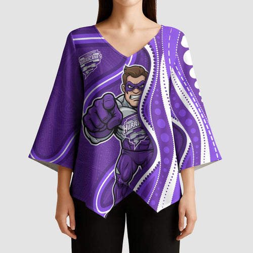 Hobart Hurricanes Kimono Sleeve Blouse Aboriginal Dot Art Purple White - Tribal Wave Pattern