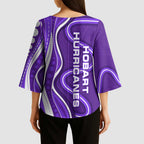 Hobart Hurricanes Kimono Sleeve Blouse Aboriginal Dot Art Purple White - Tribal Wave Pattern