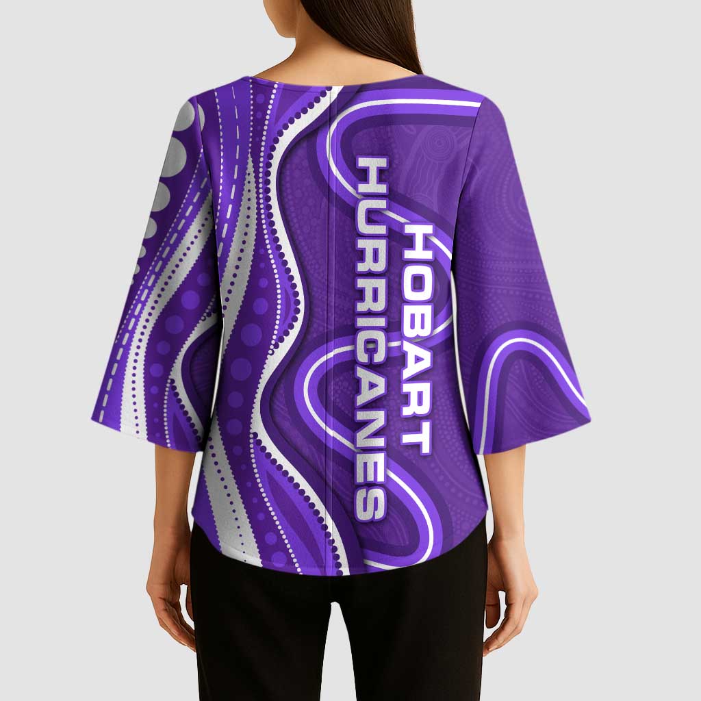 Hobart Hurricanes Kimono Sleeve Blouse Aboriginal Dot Art Purple White - Tribal Wave Pattern