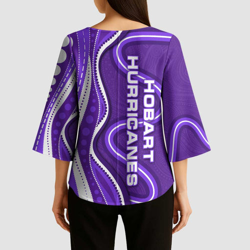 Hobart Hurricanes Kimono Sleeve Blouse Aboriginal Dot Art Purple White - Tribal Wave Pattern