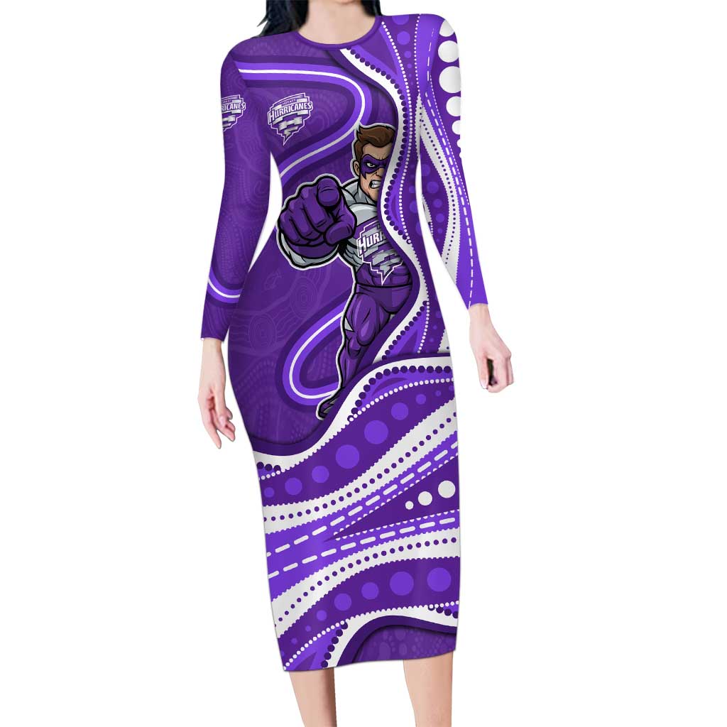 Hobart Hurricanes Long Sleeve Bodycon Dress Aboriginal Dot Art Purple White - Tribal Wave Pattern
