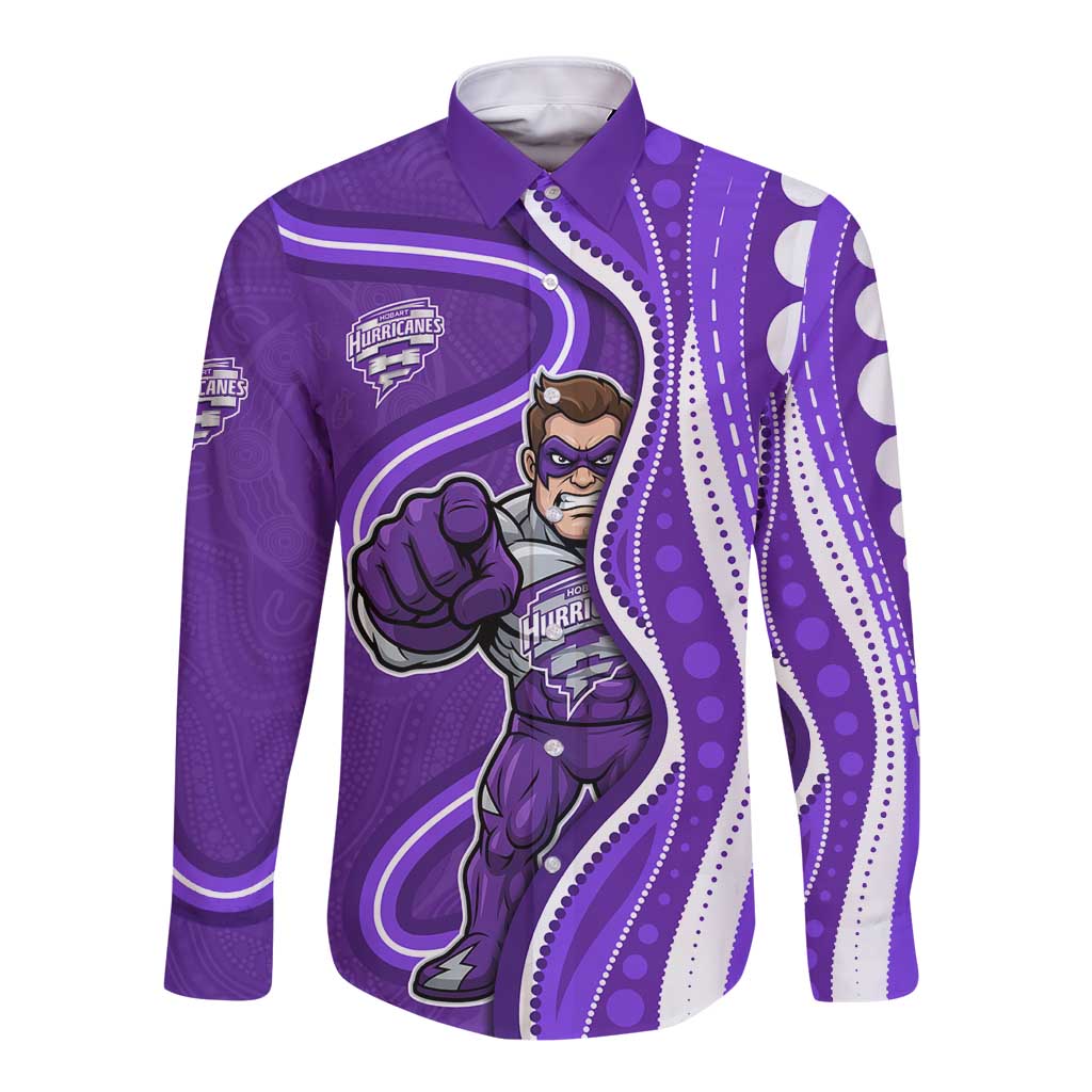 Hobart Hurricanes Long Sleeve Button Shirt Aboriginal Dot Art Purple White - Tribal Wave Pattern