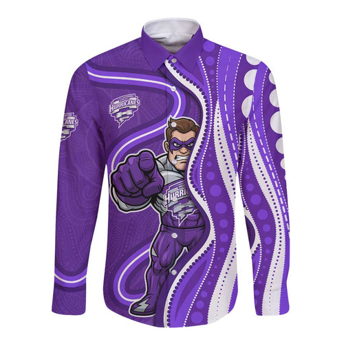 Hobart Hurricanes Long Sleeve Button Shirt Aboriginal Dot Art Purple White - Tribal Wave Pattern