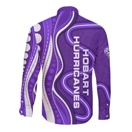 Hobart Hurricanes Long Sleeve Button Shirt Aboriginal Dot Art Purple White - Tribal Wave Pattern