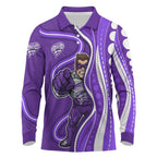 Hobart Hurricanes Long Sleeve Polo Shirt Aboriginal Dot Art Purple White - Tribal Wave Pattern