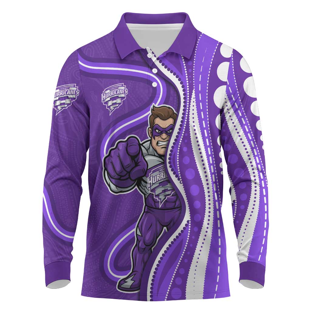 Hobart Hurricanes Long Sleeve Polo Shirt Aboriginal Dot Art Purple White - Tribal Wave Pattern