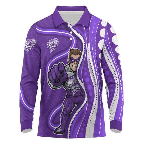Hobart Hurricanes Long Sleeve Polo Shirt Aboriginal Dot Art Purple White - Tribal Wave Pattern