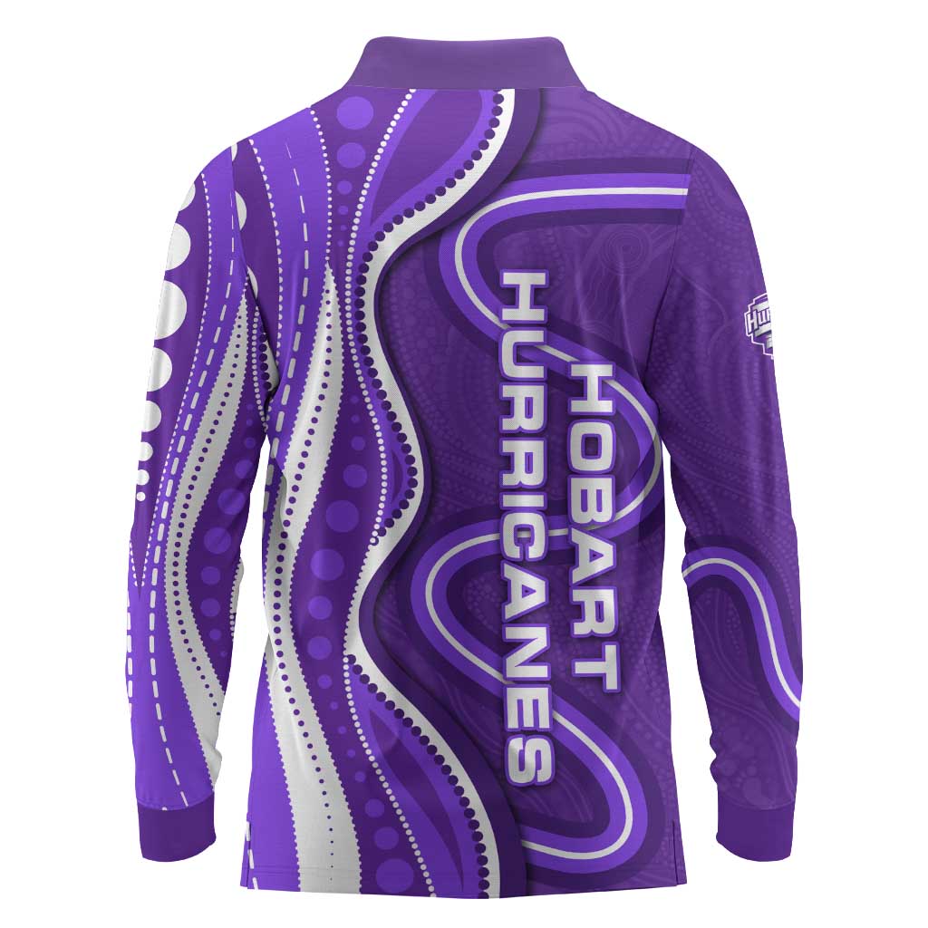 Hobart Hurricanes Long Sleeve Polo Shirt Aboriginal Dot Art Purple White - Tribal Wave Pattern