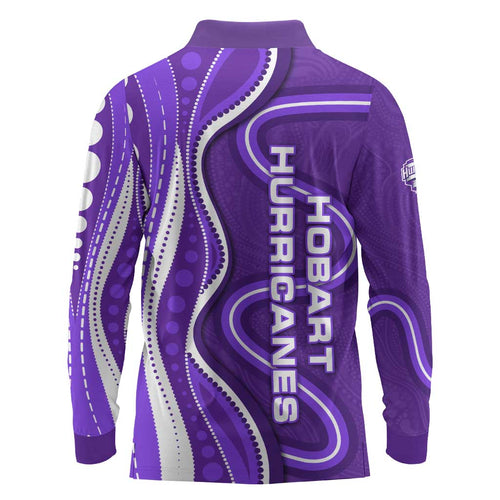 Hobart Hurricanes Long Sleeve Polo Shirt Aboriginal Dot Art Purple White - Tribal Wave Pattern