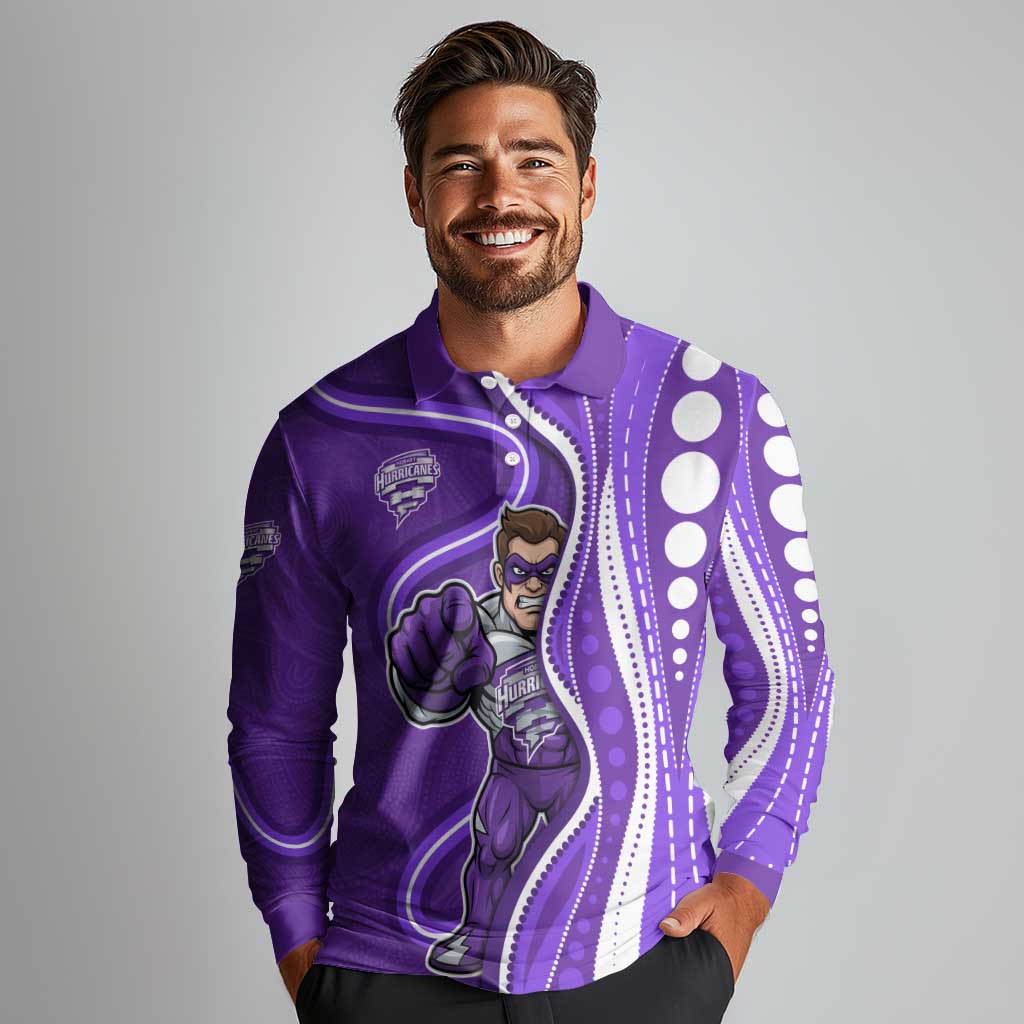 Hobart Hurricanes Long Sleeve Polo Shirt Aboriginal Dot Art Purple White - Tribal Wave Pattern