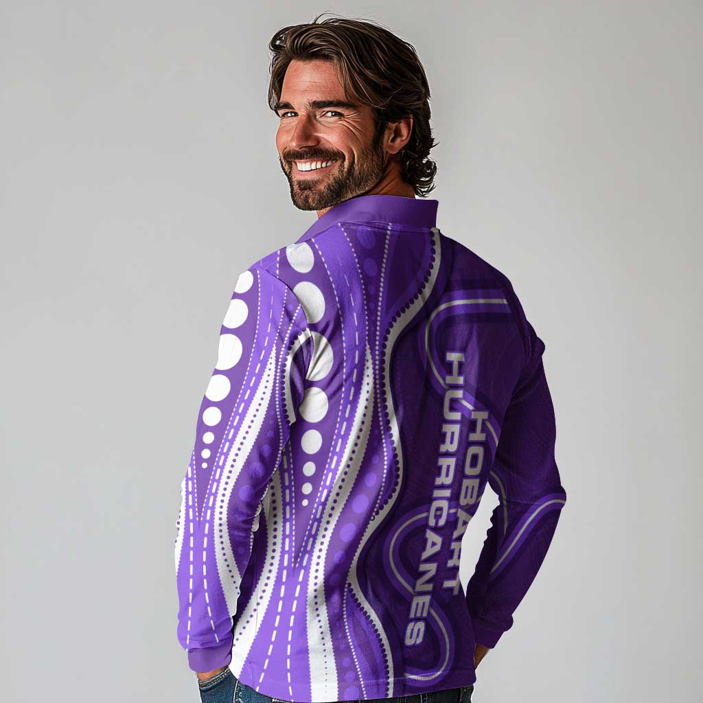 Hobart Hurricanes Long Sleeve Polo Shirt Aboriginal Dot Art Purple White - Tribal Wave Pattern