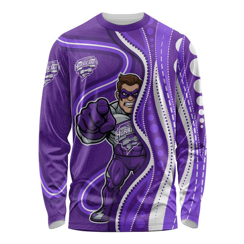 Hobart Hurricanes Long Sleeve Shirt Aboriginal Dot Art Purple White - Tribal Wave Pattern