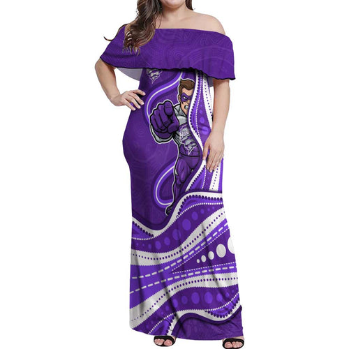 Hobart Hurricanes Off Shoulder Maxi Dress Aboriginal Dot Art Purple White - Tribal Wave Pattern