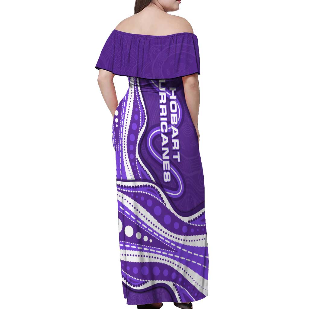 Hobart Hurricanes Off Shoulder Maxi Dress Aboriginal Dot Art Purple White - Tribal Wave Pattern