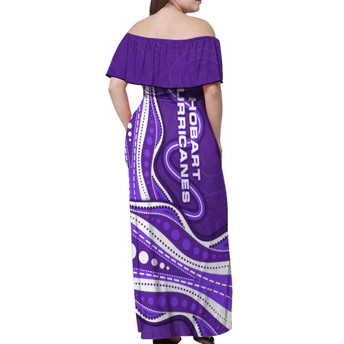 Hobart Hurricanes Off Shoulder Maxi Dress Aboriginal Dot Art Purple White - Tribal Wave Pattern