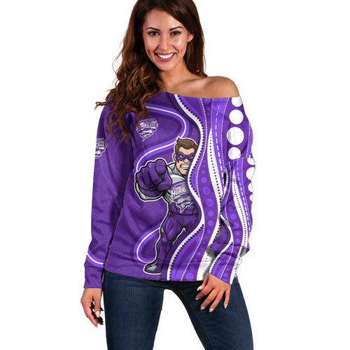 Hobart Hurricanes Off Shoulder Sweater Aboriginal Dot Art Purple White - Tribal Wave Pattern